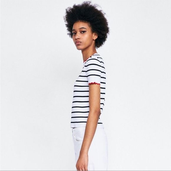 Zara White and Black Striped Top with Red Trim - Picture 2 of 5